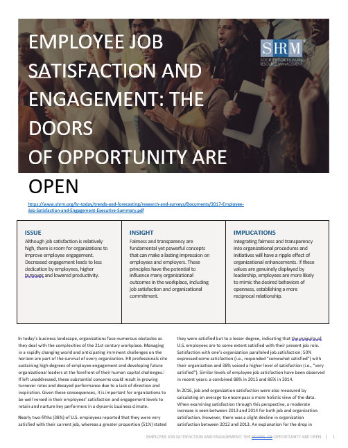 Read more about the article SHRM – 2017 Employee Job Satisfaction and Engagement Executive Summary